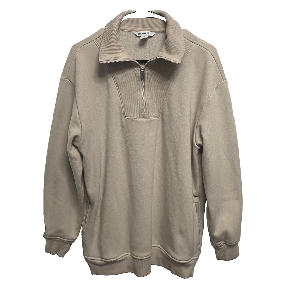 Athleta Women Retroplush Revive Beige Cozy 1/2 Zip Soft Sweatshirt Pull Over M